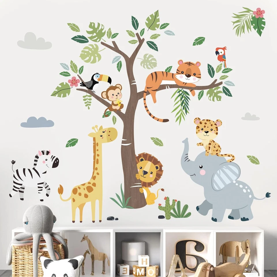 decalmile Jungle Animals Tree Wall Decals Elephant Giraffe Lion Safari Wall S... - image 1 of 1