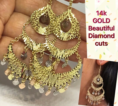 GoLD Chandelier Earring 14k dangle hanging Gypsy Filigree long heart 3" BiG - Image 1 of 4