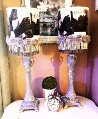 Gray Paris Photo Table Lamps, Gorgeous Pair of Ornate French Lamps w/ Shades - Image 1 of 4