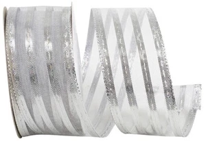 Christmas Ribbon - 1 ½ inch x 10 yards - Sheer Metallic Stripes Value - Silver - Picture 1 of 1