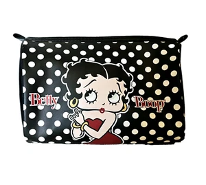 Betty Boop Cosmetic Makeup Bag Travel Zips Black w/ White Polka Dots 9" x 7" 3.5 - Picture 1 of 5