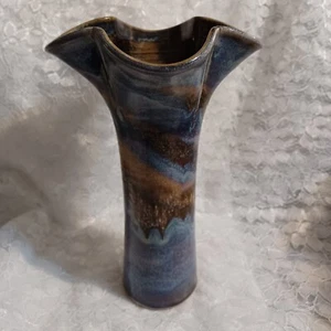 Signed Dudley Art Pottery Vase - 10 1/2" - Blue & Brown Glaze - Fluted Neck - Bild 1 von 10
