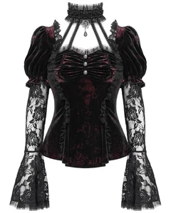 Blusa Top Eva Dama Mujer Elegante Victoriana Gótica Terciopelo Acanalado y Encaje - Imagen 1 de 13