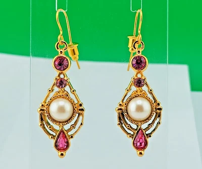 Gold Tone Colored Stones Faux Pearls Dangle Drop Earrings - Image 1 of 4