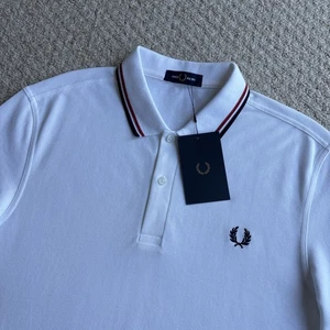 Fred Perry Twin Tipped Polo Shirt M3600 White Red Blue Large L Mod 60s BNWT - Picture 1 of 17