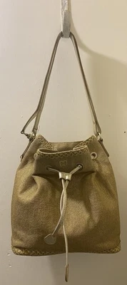 Eric Javits Gold Metallic Trim Jute Straw Drawstring Bucket Bag Handbag Resort - Image 1 of 4