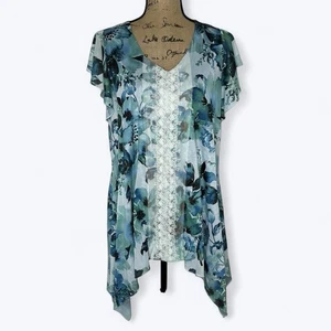One World Blumen Aquarell Top Gr. XL Flatterärmel Hai Biss Spitze Boho Fee - Bild 1 von 11
