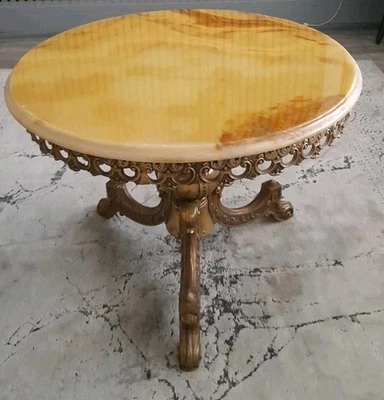vintage  italian ornate  green onyx marble brass round  coffee table collection - Image 1 of 4