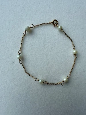 14k Yellow Gold Chain and Stationary Pearl Child or Baby Bracelet - Image 1 of 4