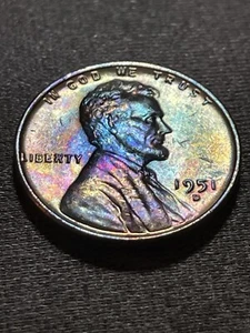 1951-D Lincoln Wheat Cent Multi Color Toning BU GEM MINT STATE Coin LCC513 - Picture 1 of 8