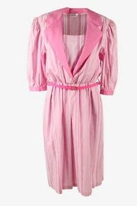 Vintage Long Dress Striped Belted Collared Neck Retro 90s Pink Size 40 - DR417 - Picture 1 of 4