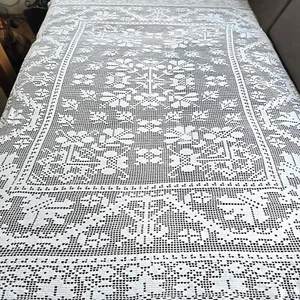 Vintage Hand Crocheted Bed Cover King Size White Lace Bedspread Tablecloth - Picture 1 of 6