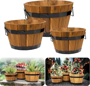 3er Set Blumenkästen aus Holz Outdoor, robustes Akazienholz Fass Pflanzgefäße für Ou - Bild 1 von 12
