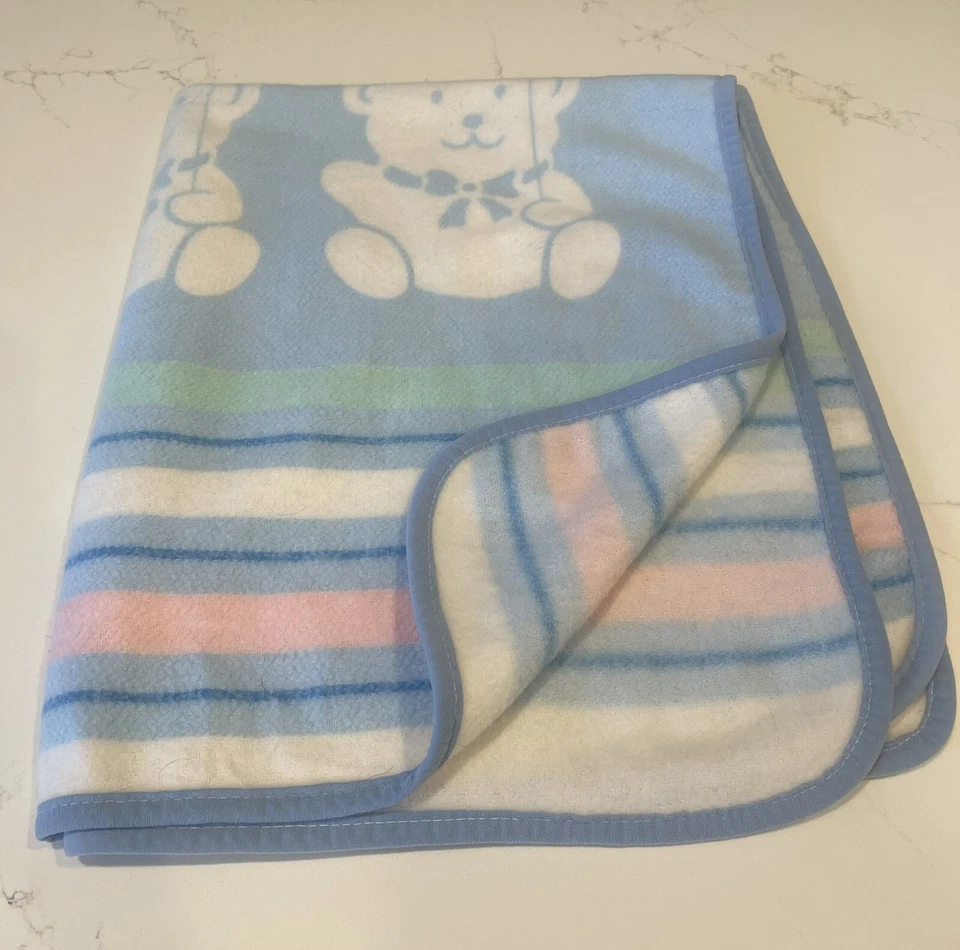 Vintage Blue Fleece Teddy Bears With Balloons Acrylic Baby Blanket WPL 1675 USA - Image 1 of 4