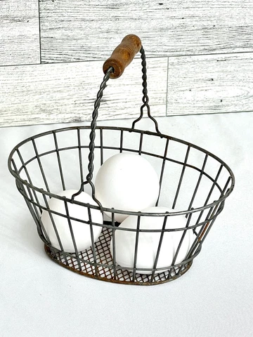 Mini Small Child Size Vintage Wire Egg Basket Primitive Farmhouse Wooden Handle Cover