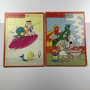 Lot 2 Flintstones puzzle frame tray 1978 Inlaid Dinosaurs Grill Fishing Mermaid - Picture 1 of 6