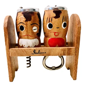 Vintage 70’s Wooden Corkscrew & Bottle Opener Salt & Pepper Shaker with Rack Set - Picture 1 of 8