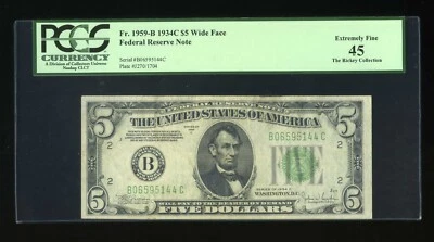 DBR 1934-C $5 FRN New York Fr. 1959-Bw Wide PCGS 45 Serial B06595144C - Image 1 of 2