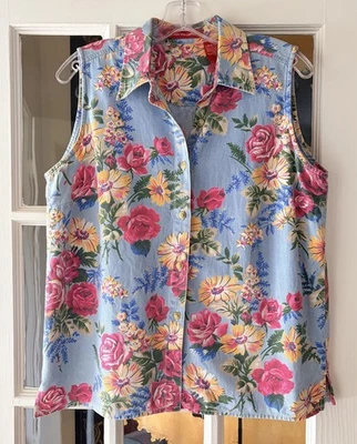 Top Floral Azul Cambray Gloria Vanderbilt De Colección Talla L Sin Mangas Cottagecore Foto 1 de 4