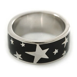 Black Enamel 'Stars' Band Ring In Rhodium Plaiting - Size 8 - Picture 1 of 4