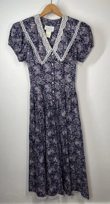 VTG 80s GUNNE SAX By Jessica McClintock Tea Dress Lace Trim Navy SZ 3 Bust 32 " - Image 1 of 4