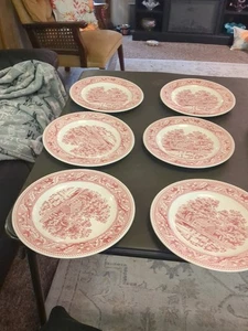 "Platos de cena Royal Ironstone Memory Lane 1965 de colección 10"" rojo rosa hechos en EE. UU. X 6" - Imagen 1 de 3
