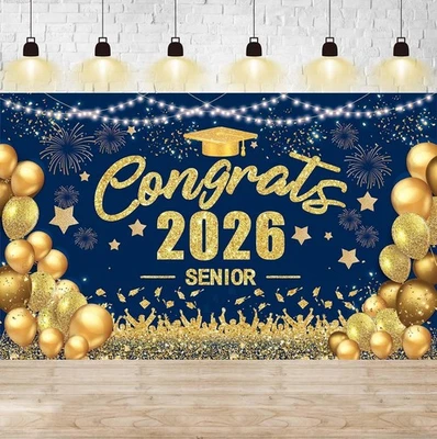 Senior 2026 Banner Graduación Decoraciones Clase de 2026: Azul Marino y Dorado G... Foto 1 de 4