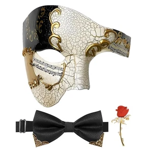 Mens Masquerade Mask Phantom of the Opera Mask with Bowtie and Rose Brooch Pi... - Picture 1 of 7