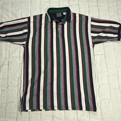 Vintage Bugle Boy Polo Shirt Mens Medium Striped Green Navy Red 90s Casual Retro - Image 1 of 4