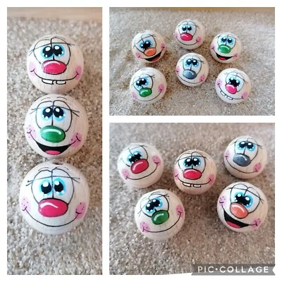 10x handbemalte Holzkugeln mit Gesicht, 25mm, mit Loch, zum Basteln   - Bild 1 von 3