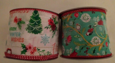 Pioneer Woman Fabric Ribbon Bird Ogee & Holiday Sentiments 3" Decorative Ribbon - Image 1 of 2