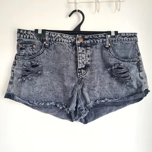 Cotton On Black Grey Acid Wash Distressed Denim Jean Shorts - Size AU 14 - Picture 1 of 5