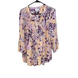 J Jill Floral Print Gauzy Fabric Blouse Pale Orange Purple Henley Womens S - Picture 1 of 8