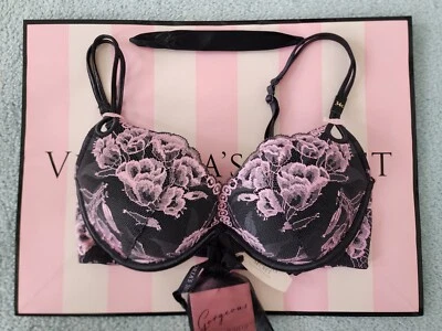 NWT-Victoria's Secret SLT Gorgeous pushup bra 34C - Pink over dark Charcoal Grey - Image 1 of 4