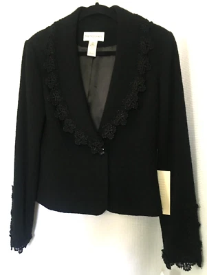 Chaqueta de invierno negra vintage Bloomimgdales ribete de encaje talla 8 mezcla de lana vacaciones Foto 1 de 4