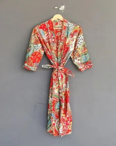 New Indian Red Paisley Cotton Robes Long Kimono Sleepwear Night Kimono Robes US - Picture 1 of 4