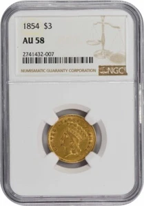 1854 $3 Gold AU58 NGC - Picture 1 of 4