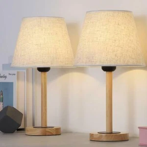 Wood Table Lamp Set of 2 Bedside Lamp with Linen Lampshade for College Dorm Home - Picture 1 of 7
