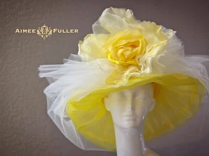 Yellow Kentucky Derby Hat Big Silk Rose Hat Royal Ascot Hat Wedding Bridal Hat - Picture 1 of 24