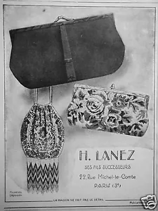 PUBLICITÉ DE PRESSE 1921 H.LANEZ SES FILS SUCCESSEURS SACS A MAINS MAGASIN LUXE - Bild 1 von 1