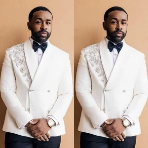 Trajes blancos para hombre solapa pico doble pecho noche fiesta estrás hombres esmoquin - Imagen 1 de 16