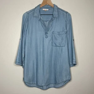 Skies Are Blue Womens Chambray Top Medium Blue Popover Denim Classic Coastal - Picture 1 of 11