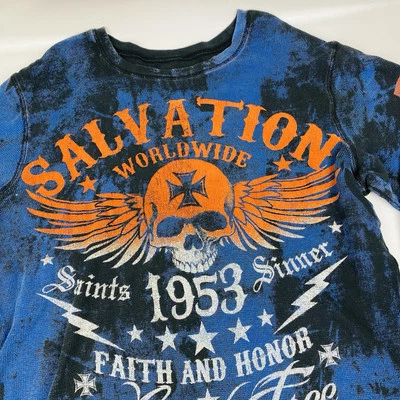 复古 Y2K 古代保暖衬衫男式 XL 蓝色黑色骷髅翅膀网络垃圾 — 第 1/4 张图片