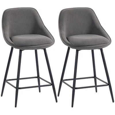 Barhocker 2er Set Tresenhocker mit Fußstütze, Rückenlehne, Kord-Optik Grau - Bild 1 von 4