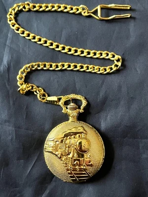 Geneva Pocket Watch Quartz Gold Color Train Locomotive Time Chain NEW! - Image 1 of 4