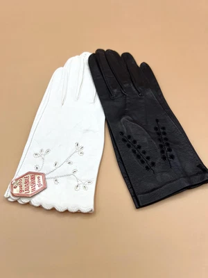 复古全新带标签 Capretto 儿童皮革意大利手套 2 双女式 7 码黑色白色 — 第 1/4 张图片