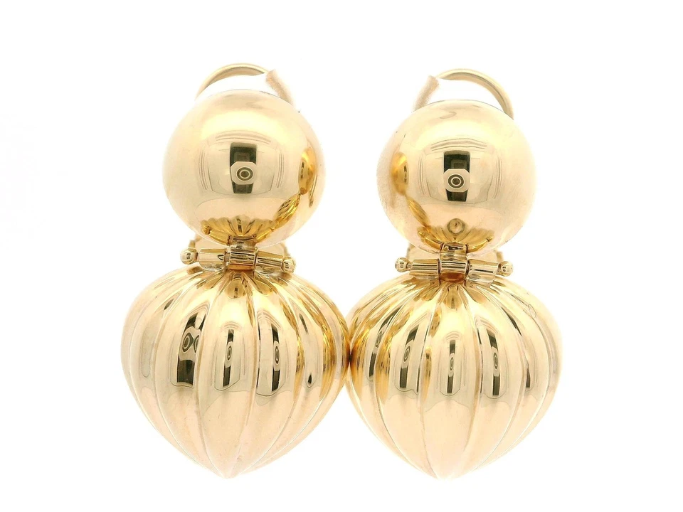 14k Yellow Gold Puffed Scalloped Dangle Drop Earrings w/ Omega Back - Image 1 of 4