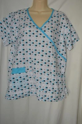Apple Bottom Womens Large Scrub Top Patterned 3 Pockets Short Sleeve Blue White - Image 1 of 4