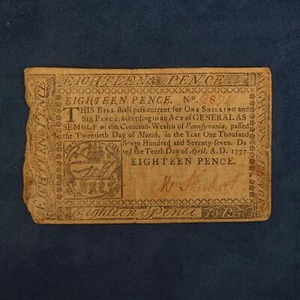 Penn. Colonial Currency 1 Shilling 6 Pence (Fr.PA-214a) Black Ink Apr 10,1777 - Picture 1 of 4