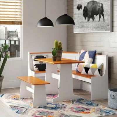 Farmhouse Style Corner Breakfast Dinette Set w/ Storage Bench - White w/ Nat Top - Image 1 of 4